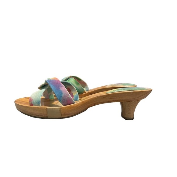 Studio Delman Handcrafted in Spain Suede Slides Sandals Tie Dye Wood Heel Size 9 - Picture 4 of 11